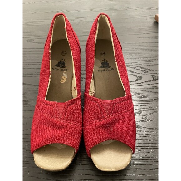 Aloha Island‎ Red Canvas Peel Toe Espadrille Wedge Women's Sandal Size 7.5 - Picture 1 of 8